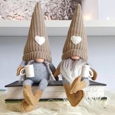 two stuffed gnomes sitting on top of a book