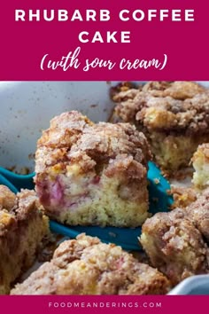 rhubarb coffee cake with sour cream in a blue dish on a pink background