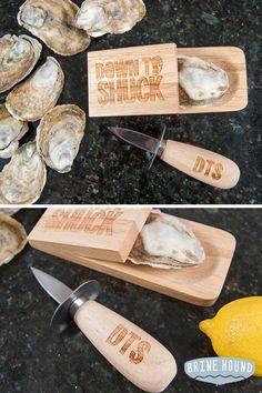 there are two pictures of different types of food on the table and one is made out of wood