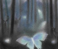 a drawing of a white butterfly in the middle of a forest with light coming from it's wings