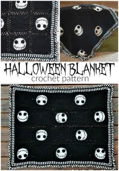 crocheted halloween blanket with skulls on it and the words, halloween blanket crochet