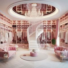 a pink room with chandelier, couches and chairs in front of a spiral staircase