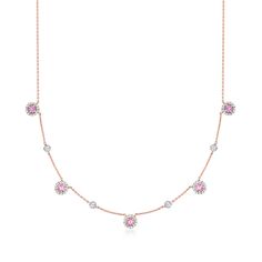 Ross-Simons - .60ct t. w. Pink Sapphire, .49ct t. w. Diamond Station Necklace. 16". Step into your divine feminine power with this magnificent pink masterpiece! Our opulent necklace features .60 ct. t. w. round pink sapphires haloed by .49 ct. t. w. round brilliant-cut diamonds, which also shine in their own petite stations. Finely crafted in polished 14kt rose gold on a classic cable chain with a 2" extender. Springring clasp, diamond and pink sapphire station necklace. Dazzling Pink Necklaces With Sparkling Stones, Pink Diamond Necklace With Sparkling Stones, Pink Diamond Round Necklace, Dazzling Pink Necklace With Sparkling Stones, Pink Sparkling Stones Necklace For Anniversary, Pink Necklace With Diamond Accents, Pink Diamond Round Necklaces, Pink Cubic Zirconia Necklace With Prong Setting, Pink Cubic Zirconia Necklace With Brilliant Cut