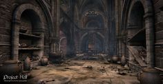 the interior of an old church with lots of pots and pans on the floor