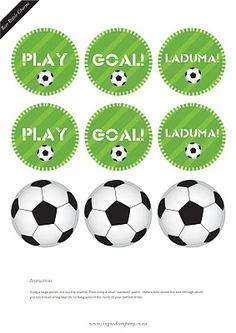 four soccer balls with the word goal on them and some green circles around them that say goal