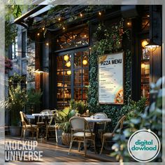 the outside of a restaurant with tables and chairs in front of it, surrounded by greenery