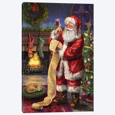 a painting of santa holding a scroll next to a fireplace