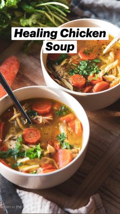 two bowls of chicken soup with carrots, parsley and broccoli on the side