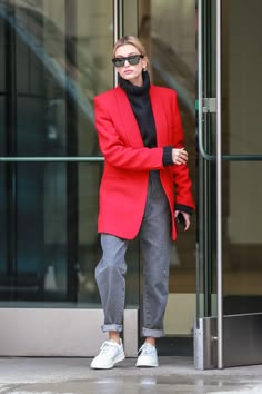 Vintage Red Blazer Outfit, Pop Of Color Outfits Classy, Coffee For Two, Rolled Up Jeans, Bella Hadid Outfits, March 8, Red Blazer