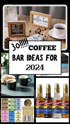 the top ten coffee bar ideas for 2021 are on display in this collage, with text that reads 30 coffee bar ideas for 2020