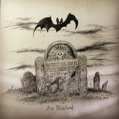 a drawing of a bat flying over a grave