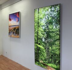 three paintings hang on the wall next to each other in an empty room with wood flooring