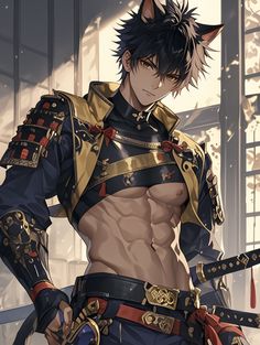 an anime character with black hair and no shirt holding two swords in his hands,