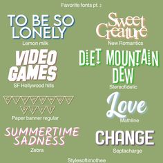 some type of typograms that are in different colors and styles on a green background