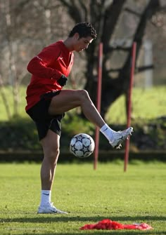 a young man kicking a soccer ball on top of a green field with trees in the background