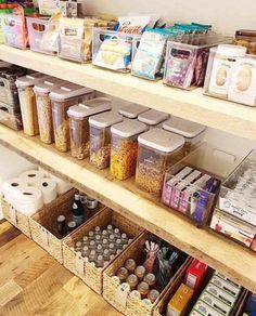 the shelves are filled with different types of food