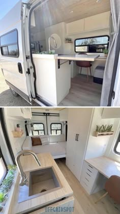 the inside and outside of a camper with an open kitchen, dining area and living room