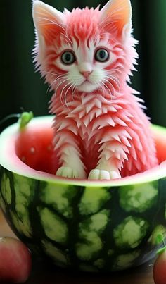 a small kitten sitting inside of a watermelon bowl