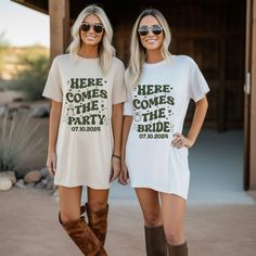 two women standing next to each other wearing t - shirts that say here comes the party