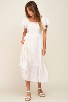 Cream Flutter Sleeve Midi Dress– PinkBlush Church Dresses Short, Modest Rehearsal Dinner Dress, Bridgerton Style Dress, Cute Modest Summer Dresses, Mom Baptism Dress, Fall Engagement Dress, White Ruffle Dress Long, Catholic Confirmation Dresses, White Sunday Dress