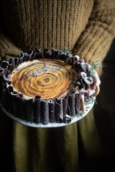 a person holding a cake with frosting and pine cones on it in their hands