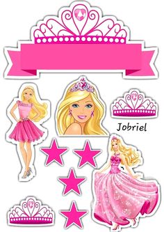 the barbie doll stickers are pink and have tiara, stars, and crowns on them