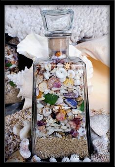 a bottle filled with lots of shells and seaweed on top of a bed covered in sand