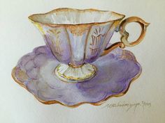 a painting of a purple tea cup on a saucer