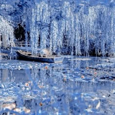 a boat floating on top of a lake surrounded by ice covered trees and water lilies