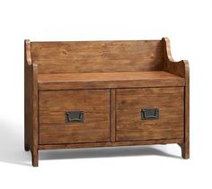 a wooden bench with two drawers on the bottom and one drawer open to show what's inside