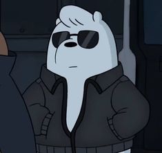 a cartoon character wearing sunglasses and a black jacket is talking to someone in the background