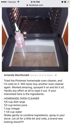 an open oven door with a pink bottle in the middle and instructions on how to clean it