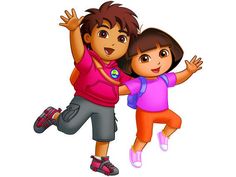 two children are playing with each other in front of a sign that says dora and diego