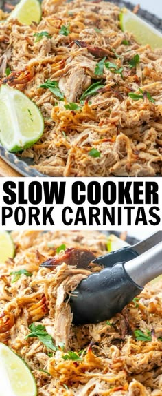 slow cooker pork carnitas with limes and cilantro on the side