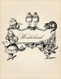 an old fashioned card with the words wonderland written on it and pictures of cats, mice,