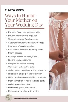 the back of a woman's wedding dress with text that reads, ways to honor your mother on your wedding day