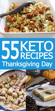 the cover of 55 keto recipes for thanksgiving day with pictures of turkey and stuffing