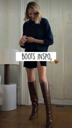 Brown Crocodile Tall Boots, Dressy Outfits With Knee High Boots, Outfits With High Brown Boots, Tall Heeled Boots Outfit, Dark Brown Tall Boots Outfit, Brown Croc Boots Outfit, Tall Brown Leather Boots Outfit, Dark Brown Knee High Boots Outfit, Brown Boots Work Outfit