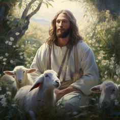 a painting of jesus sitting in the grass with two lambs next to him,