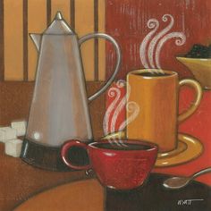 a painting of two coffee mugs on a table