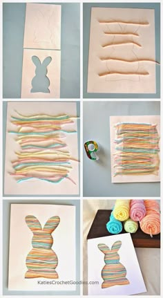 the steps to make an easter bunny out of strips of yarn are shown in this collage