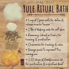 the ingredients for a yulerritual bath on a wooden table with text overlay