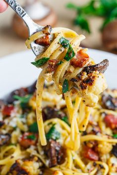 a fork full of pasta with meat and vegetables on it, being lifted from a white bowl