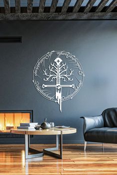 a living room with a fire place and a large wall clock on it's face