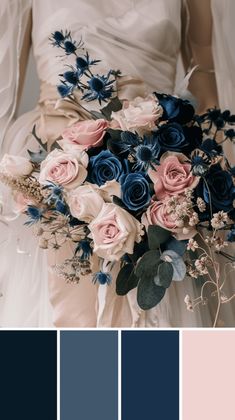 a bride holding a bouquet of flowers in her hands with blue and pink hues