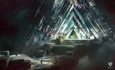 an artistic rendering of a pyramid in the middle of a dark forest with people walking around it