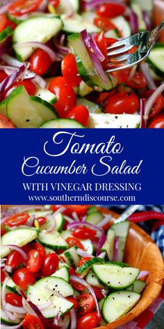 a wooden bowl filled with cucumber salad next to a fork