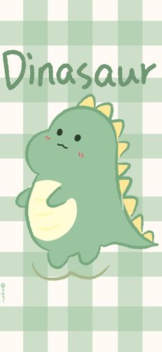 a green and white checkered background with a cartoon dinosaur on it's back