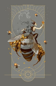 a woman in a bee costume is surrounded by gold and black swirls on a gray background