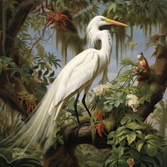 a white bird standing on top of a tree branch in a forest filled with flowers